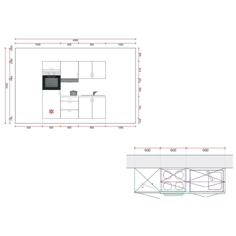 Blok 210 cm - LINKS ZONDER vaatwasser